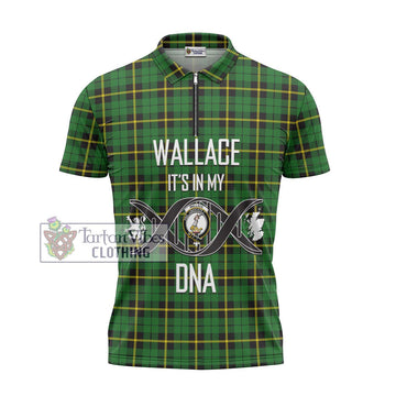 Wallace Hunting Green Tartan Zipper Polo Shirt with Family Crest DNA In Me Style