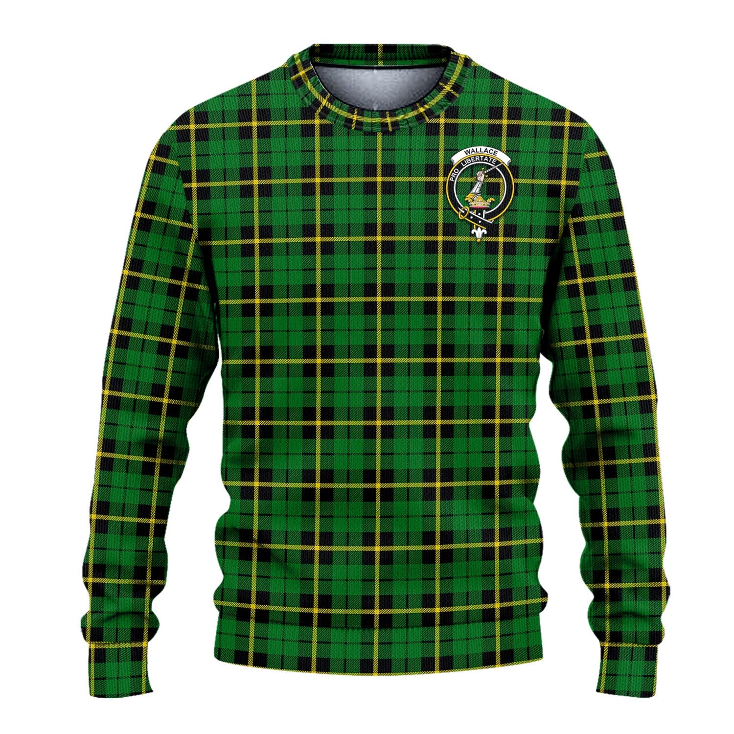 Wallace Hunting Green Tartan Knitted Sweater with Family Crest - Tartanvibesclothing