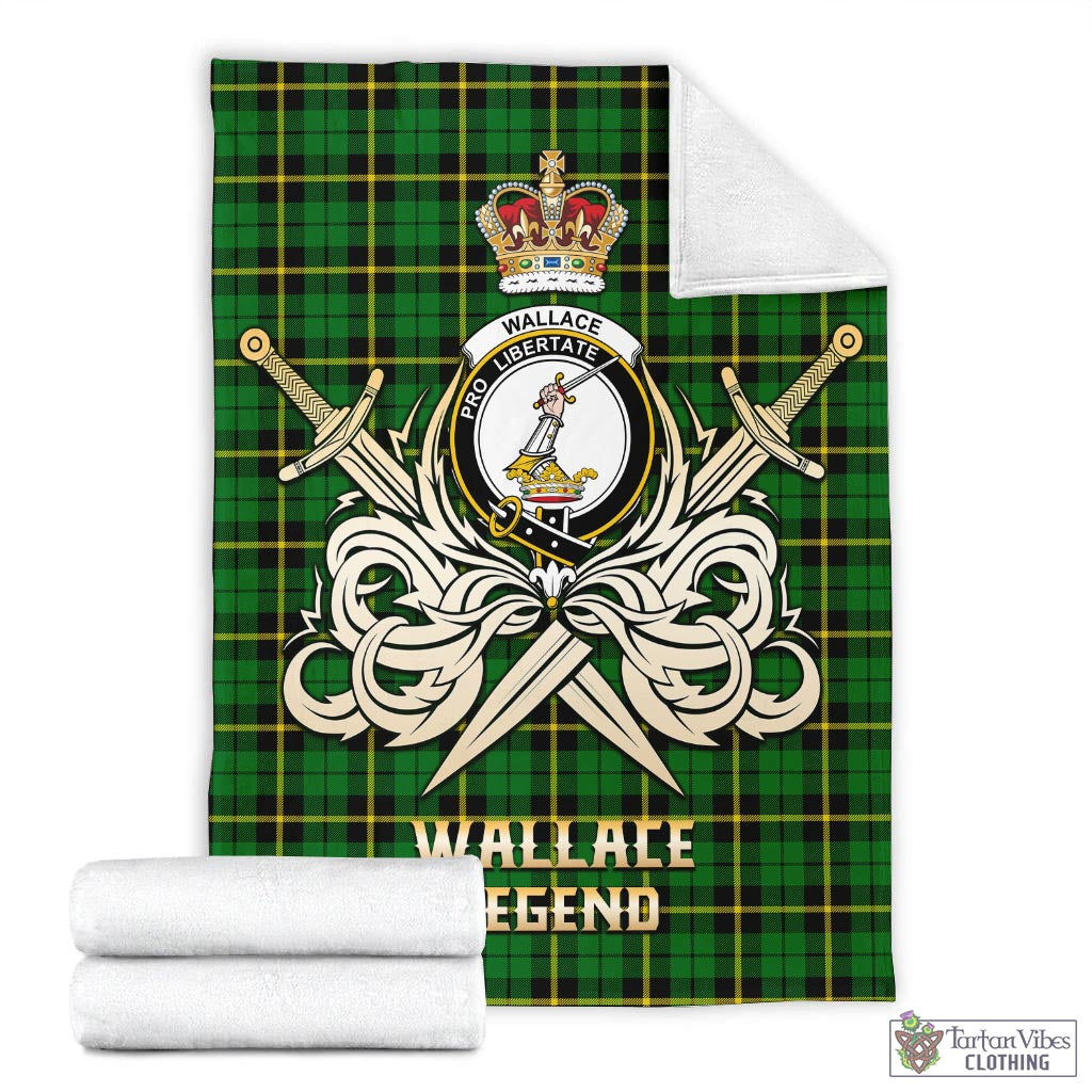 Tartan Vibes Clothing Wallace Hunting Green Tartan Blanket with Clan Crest and the Golden Sword of Courageous Legacy