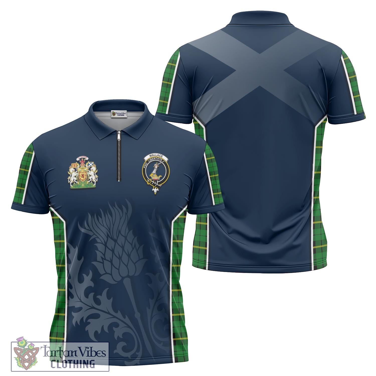 Tartan Vibes Clothing Wallace Hunting Green Tartan Zipper Polo Shirt with Family Crest and Scottish Thistle Vibes Sport Style