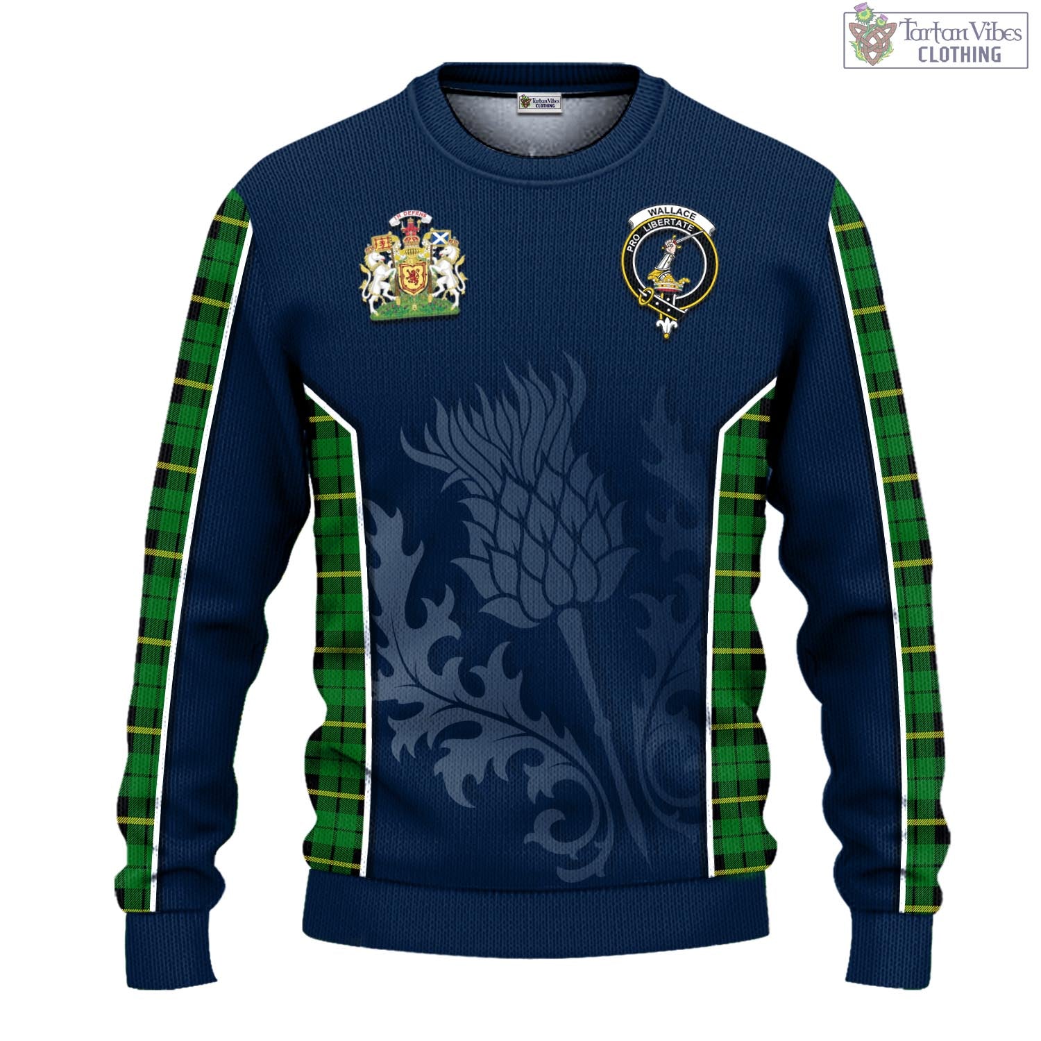 Tartan Vibes Clothing Wallace Hunting Green Tartan Knitted Sweatshirt with Family Crest and Scottish Thistle Vibes Sport Style