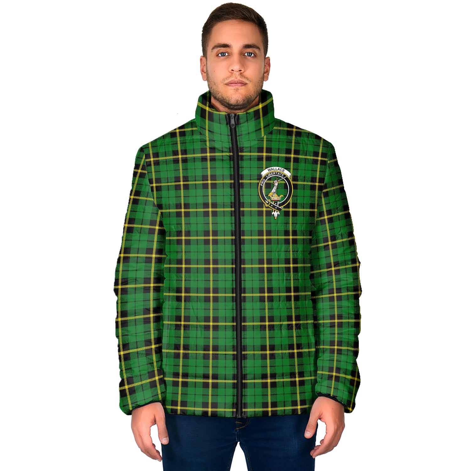 Wallace Hunting Green Tartan Padded Jacket with Family Crest - Tartan Vibes Clothing