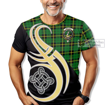 Wallace Hunting Green Tartan T-Shirt with Family Crest and Celtic Symbol Style