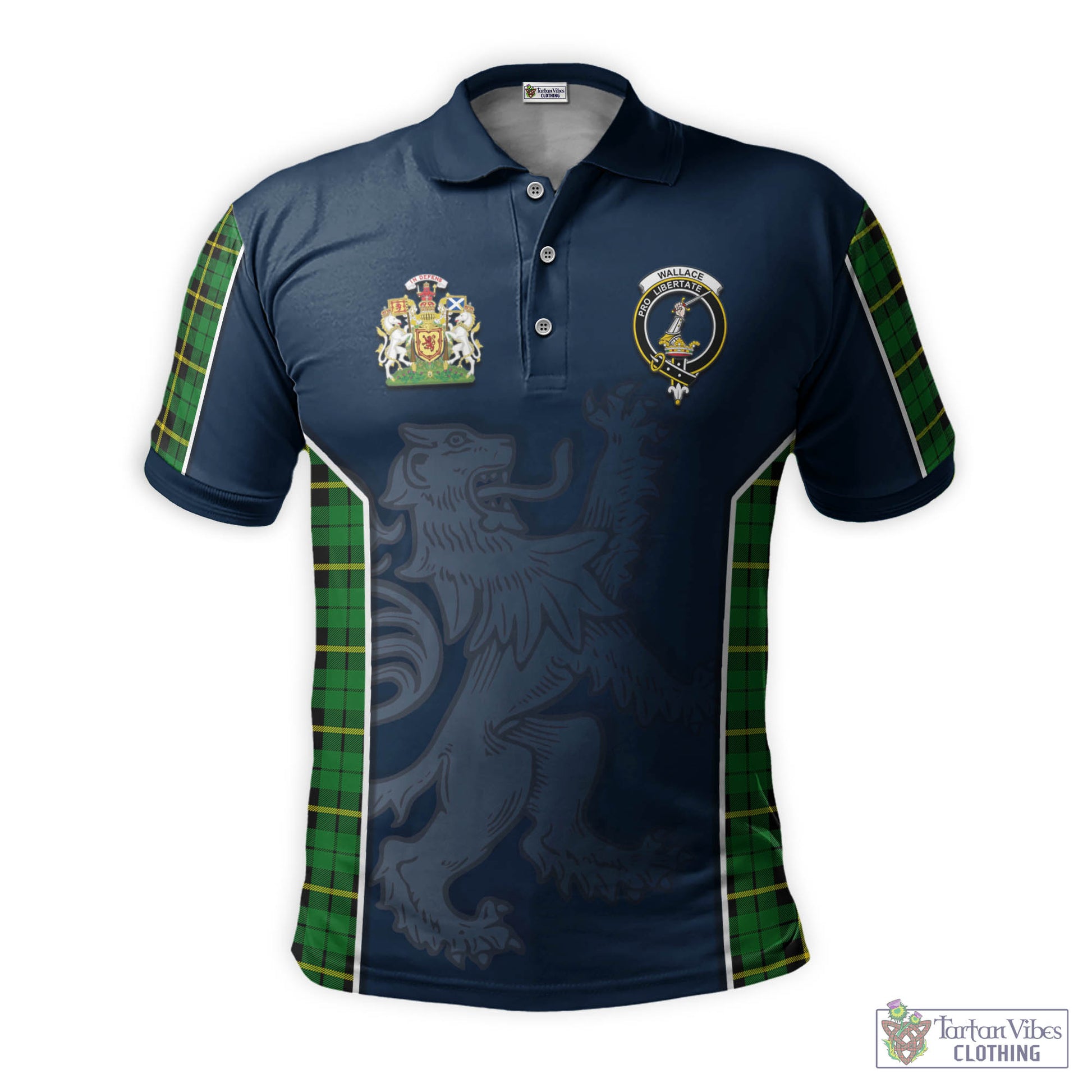 Tartan Vibes Clothing Wallace Hunting Green Tartan Men's Polo Shirt with Family Crest and Lion Rampant Vibes Sport Style