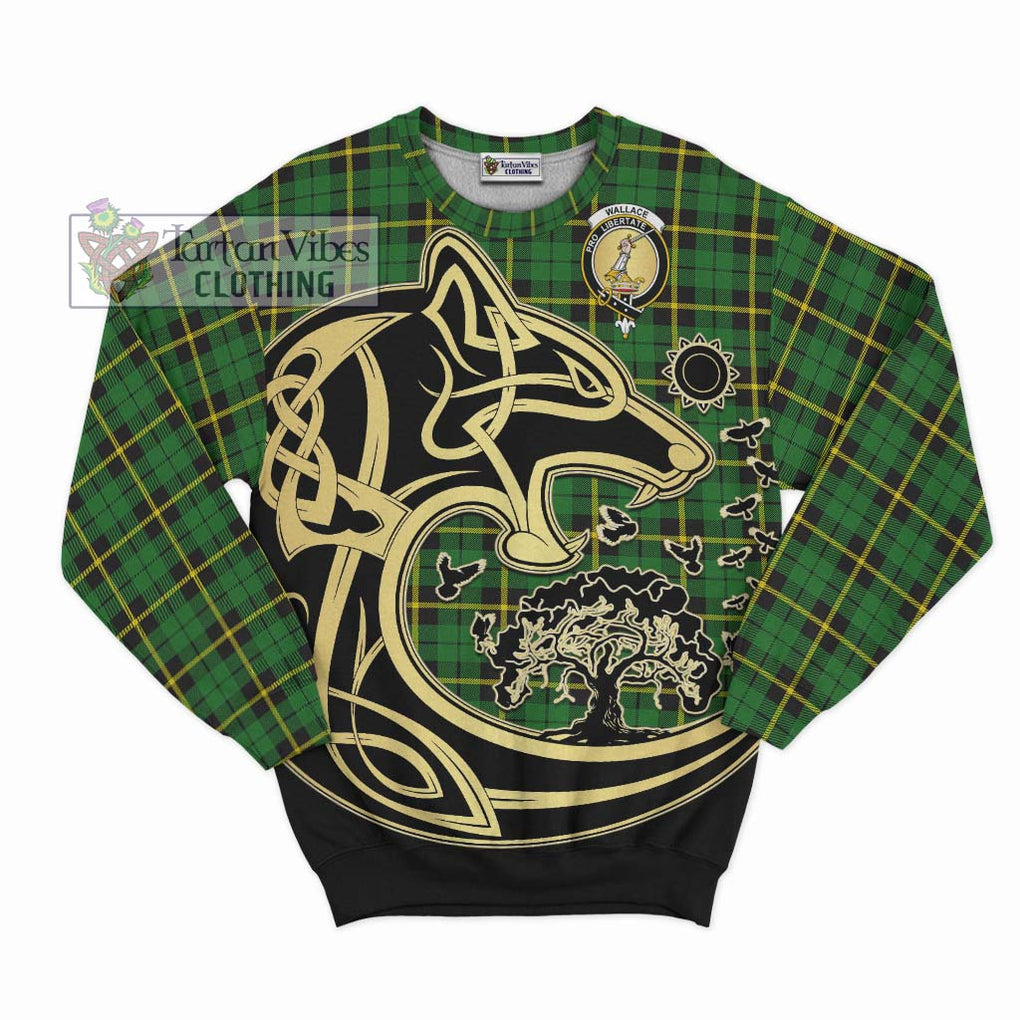 Wallace Hunting Green Tartan Sweatshirt with Family Crest Celtic Wolf Style - Tartan Vibes Clothing