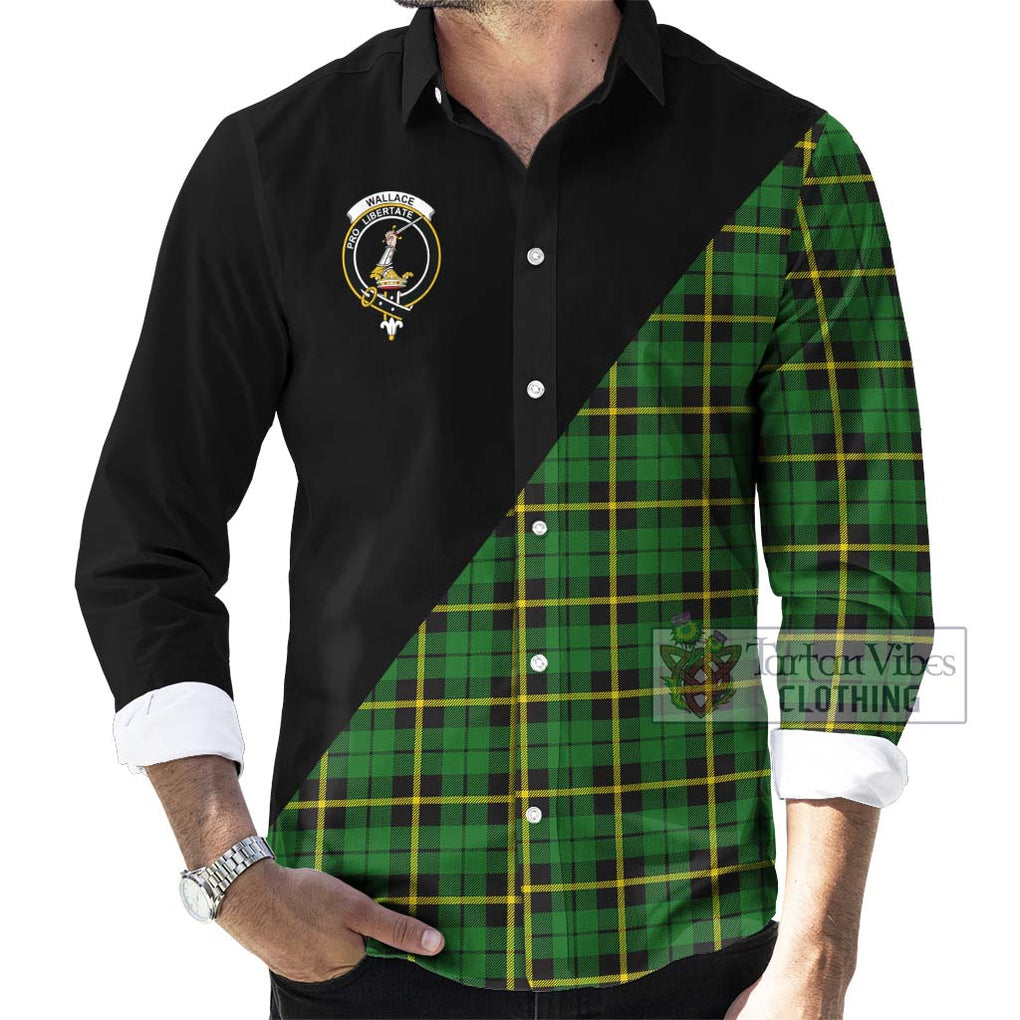 Wallace Hunting Green Tartan Long Sleeve Button Shirt with Family Crest and Military Logo Style - Tartanvibesclothing Shop