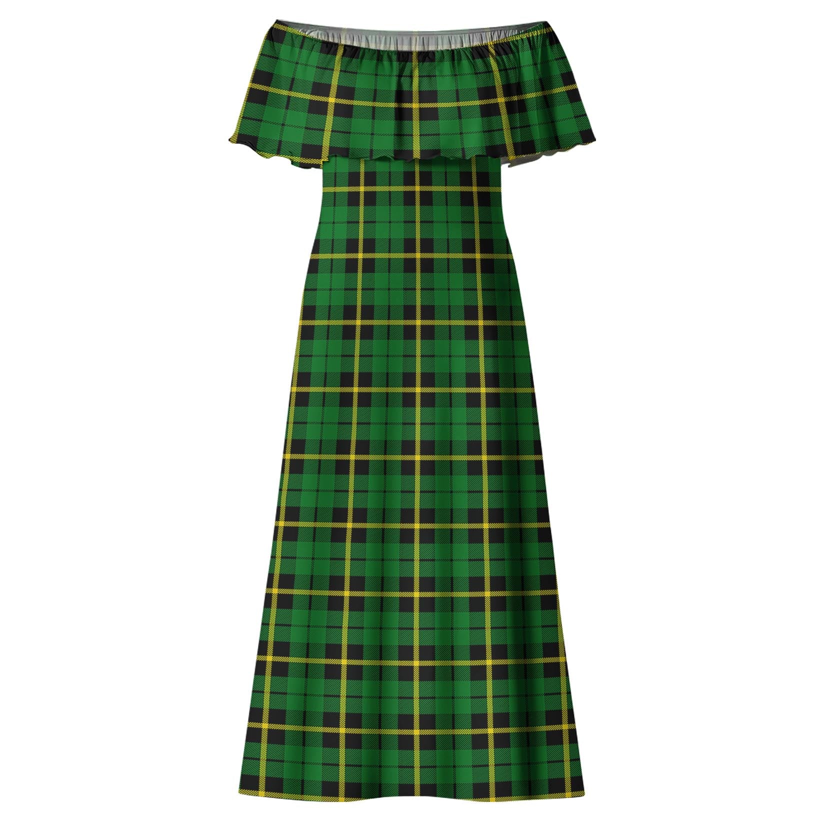 Wallace Hunting Green Tartan Off Shoulder Long Dress - Tartanvibesclothing