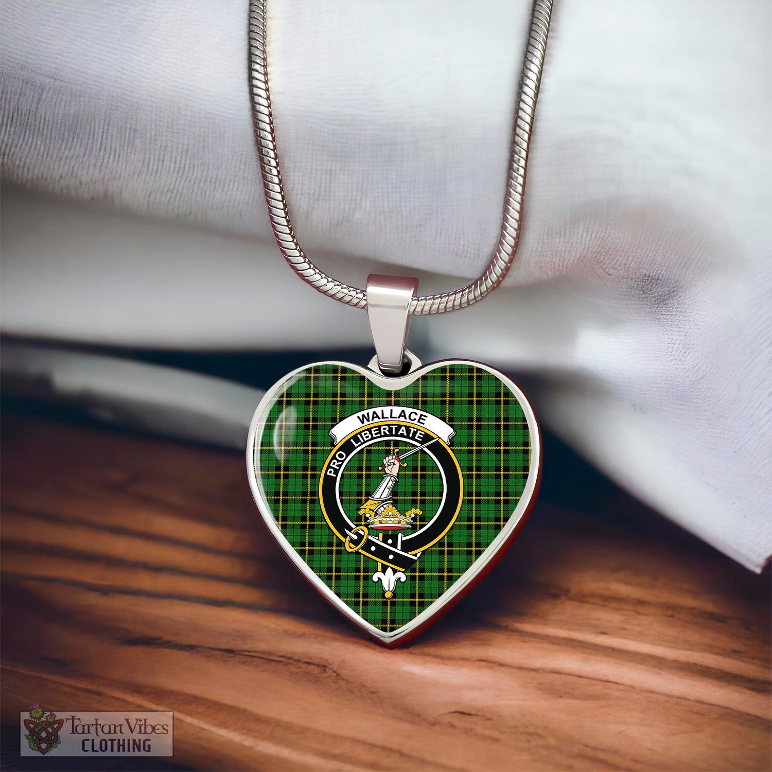 Tartan Vibes Clothing Wallace Hunting Green Tartan Heart Necklace with Family Crest