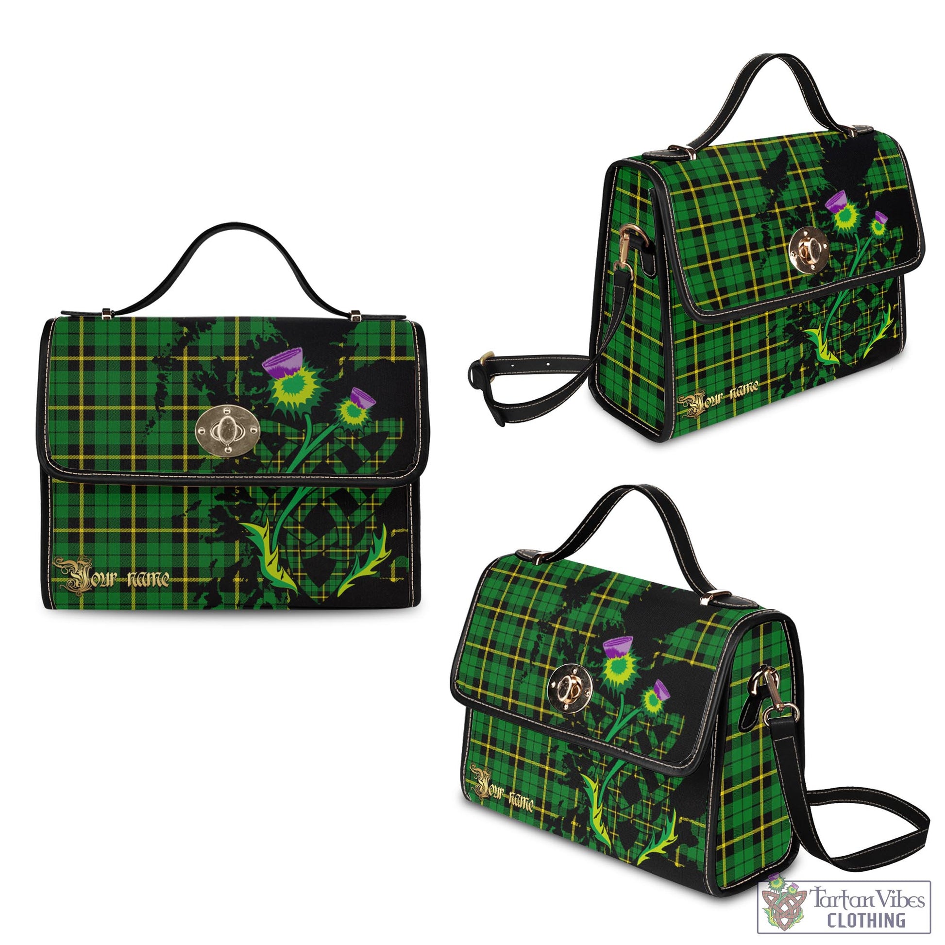 Tartan Vibes Clothing Wallace Hunting Green Tartan Waterproof Canvas Bag with Scotland Map and Thistle Celtic Accents