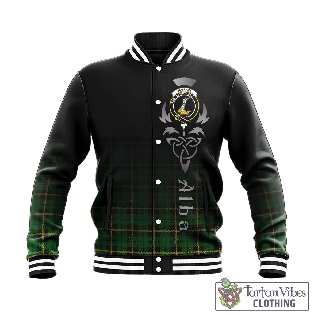 Tartan Vibes Clothing Wallace Hunting Green Tartan Baseball Jacket Featuring Alba Gu Brath Family Crest Celtic Inspired