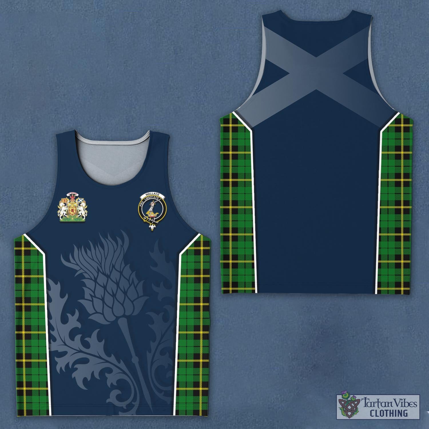 Tartan Vibes Clothing Wallace Hunting Green Tartan Men's Tanks Top with Family Crest and Scottish Thistle Vibes Sport Style