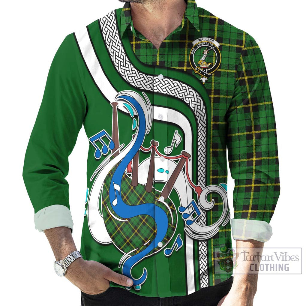 Wallace Hunting Green Tartan Long Sleeve Button Shirt with Epic Bagpipe Style - Tartanvibesclothing Shop