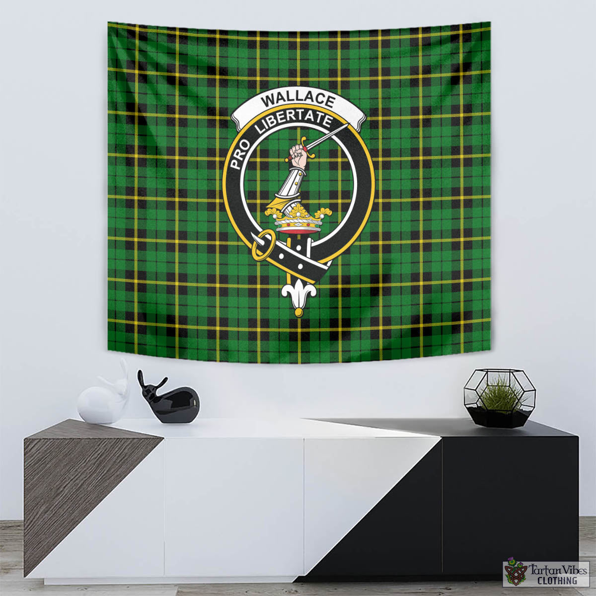 Tartan Vibes Clothing Wallace Hunting Green Tartan Tapestry Wall Hanging and Home Decor for Room with Family Crest