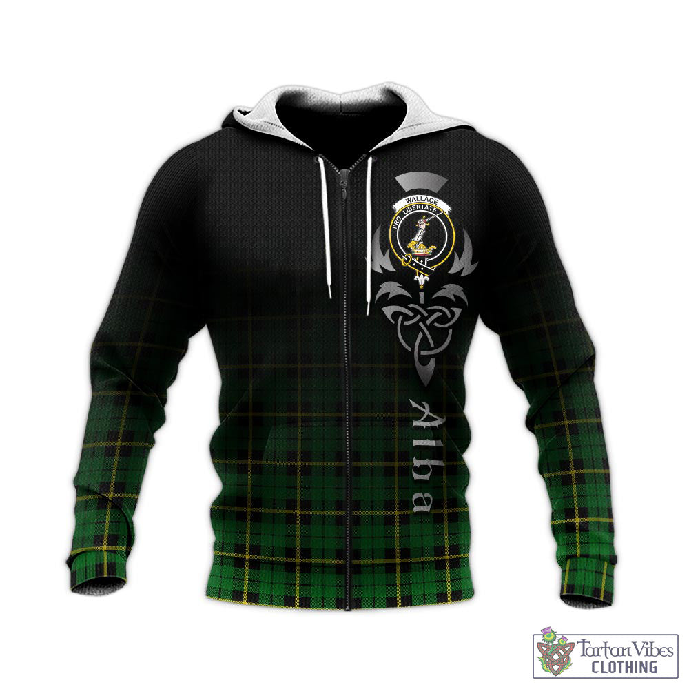 Tartan Vibes Clothing Wallace Hunting Green Tartan Knitted Hoodie Featuring Alba Gu Brath Family Crest Celtic Inspired