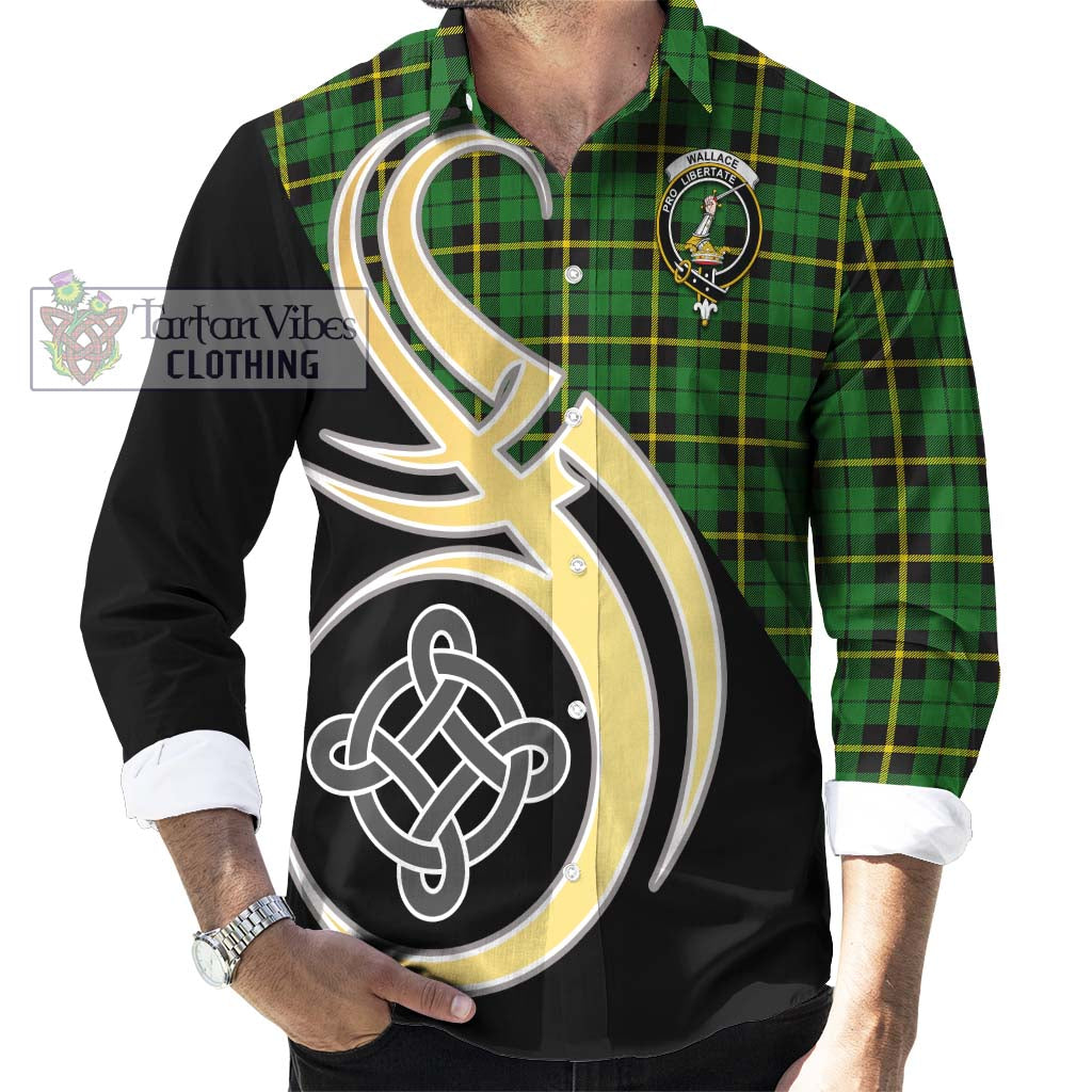 Wallace Hunting Green Tartan Long Sleeve Button Shirt with Family Crest and Celtic Symbol Style - Tartan Vibes Clothing