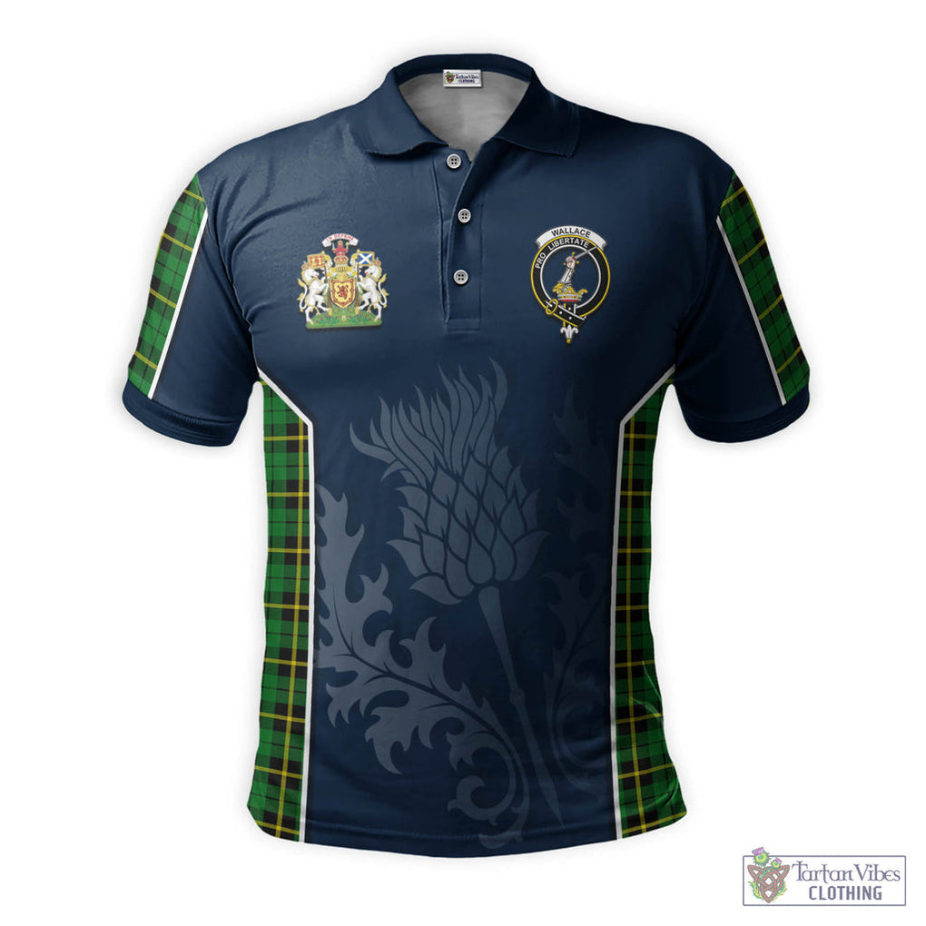 Tartan Vibes Clothing Wallace Hunting Green Tartan Men's Polo Shirt with Family Crest and Scottish Thistle Vibes Sport Style