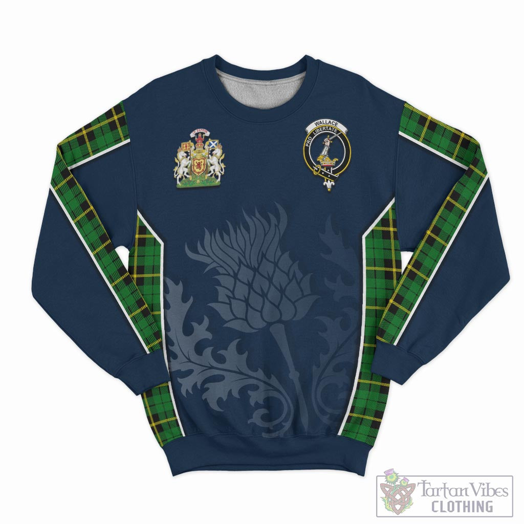 Tartan Vibes Clothing Wallace Hunting Green Tartan Sweatshirt with Family Crest and Scottish Thistle Vibes Sport Style