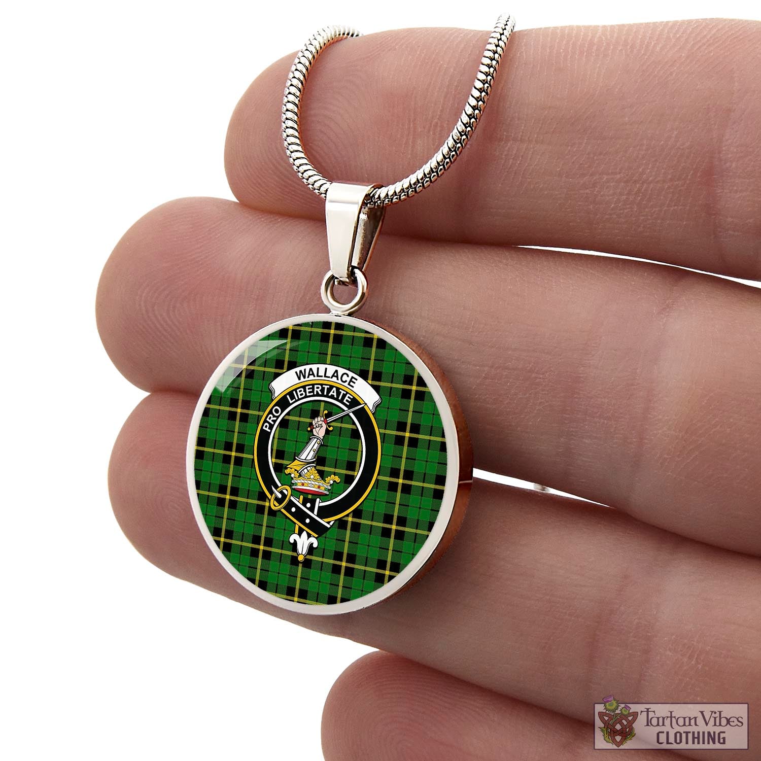 Tartan Vibes Clothing Wallace Hunting Green Tartan Circle Necklace with Family Crest