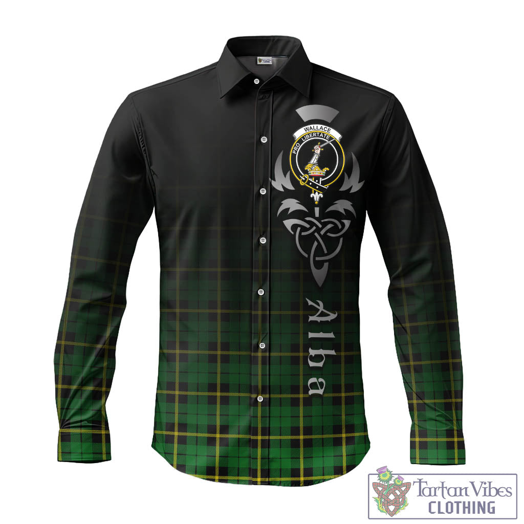 Tartan Vibes Clothing Wallace Hunting Green Tartan Long Sleeve Button Up Featuring Alba Gu Brath Family Crest Celtic Inspired