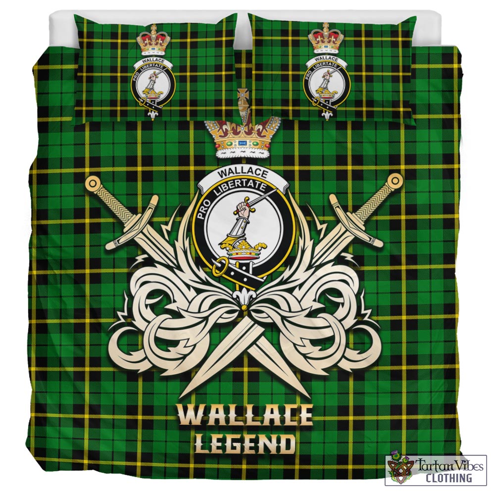 Tartan Vibes Clothing Wallace Hunting Green Tartan Bedding Set with Clan Crest and the Golden Sword of Courageous Legacy