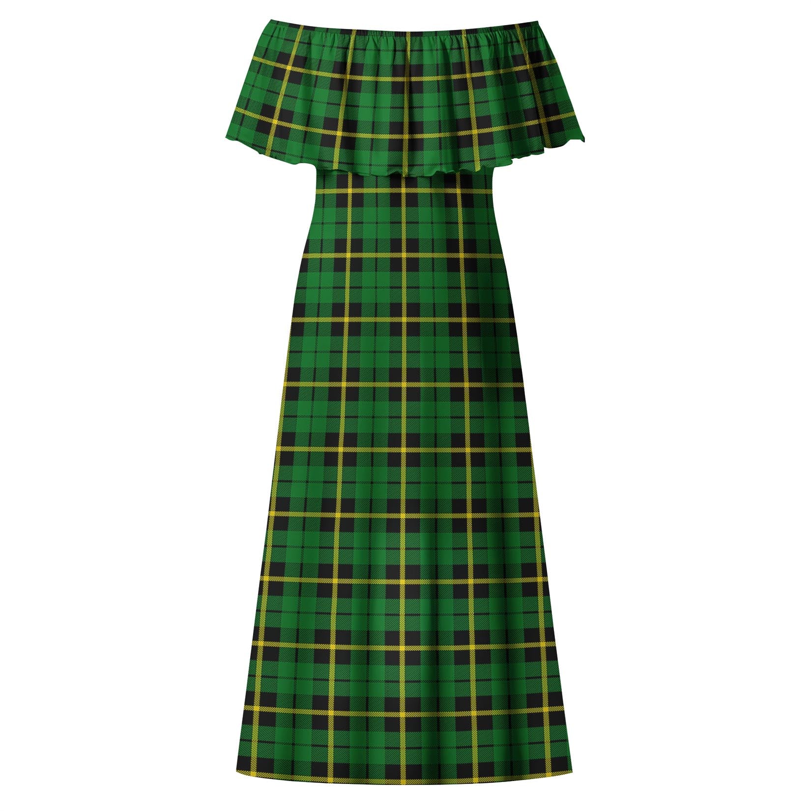 Wallace Hunting Green Tartan Off Shoulder Long Dress - Tartanvibesclothing