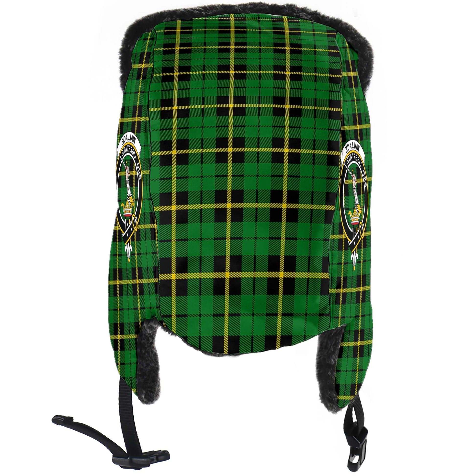 Wallace Hunting Green Tartan Winter Trapper Hat with Family Crest - Tartanvibesclothing