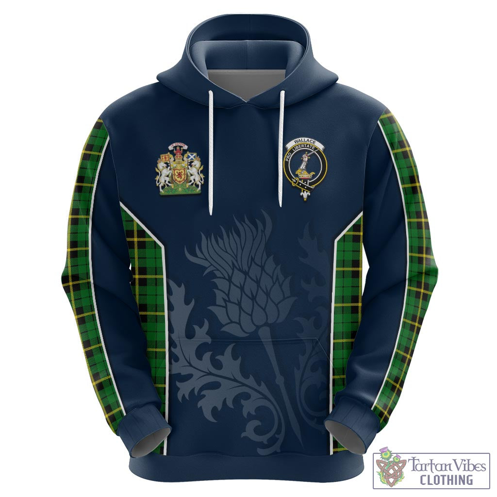 Tartan Vibes Clothing Wallace Hunting Green Tartan Hoodie with Family Crest and Scottish Thistle Vibes Sport Style