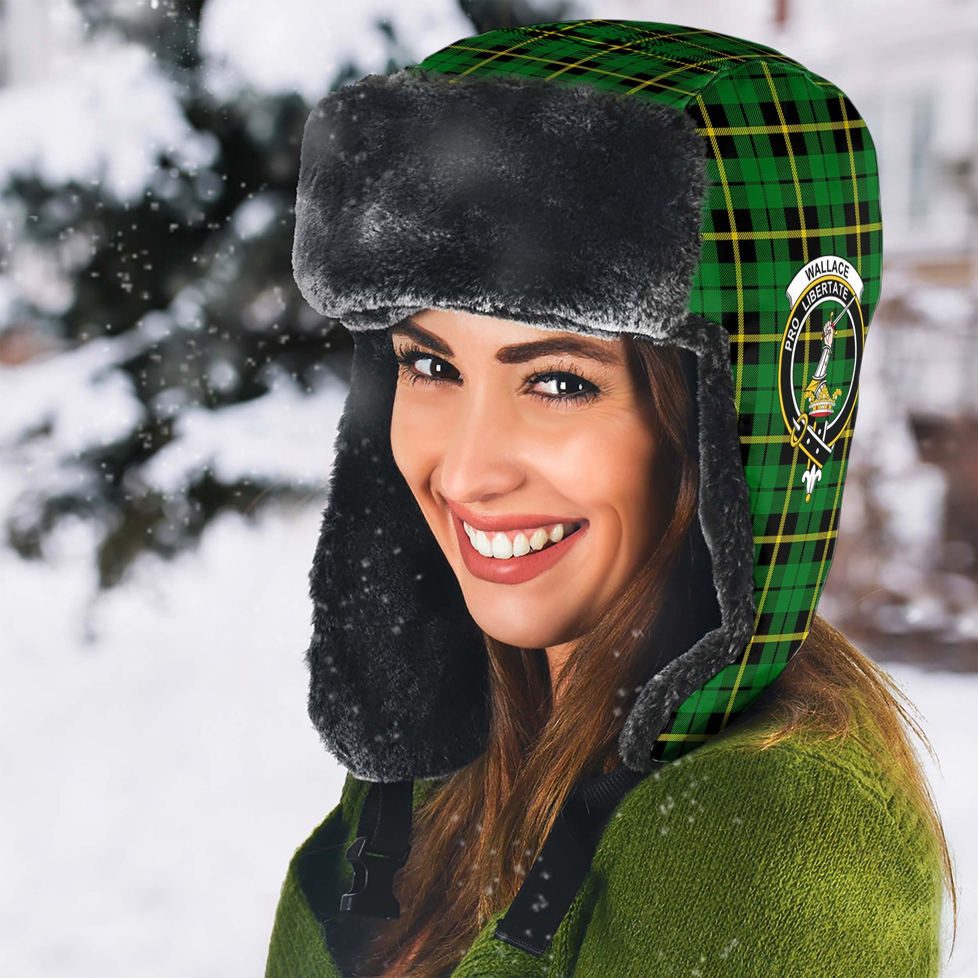 Wallace Hunting Green Tartan Winter Trapper Hat with Family Crest - Tartanvibesclothing