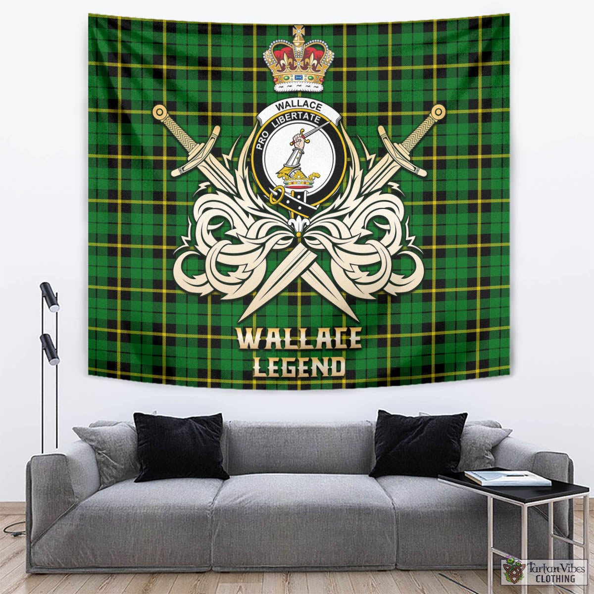 Tartan Vibes Clothing Wallace Hunting Green Tartan Tapestry with Clan Crest and the Golden Sword of Courageous Legacy