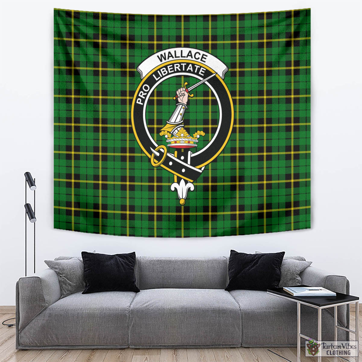 Tartan Vibes Clothing Wallace Hunting Green Tartan Tapestry Wall Hanging and Home Decor for Room with Family Crest