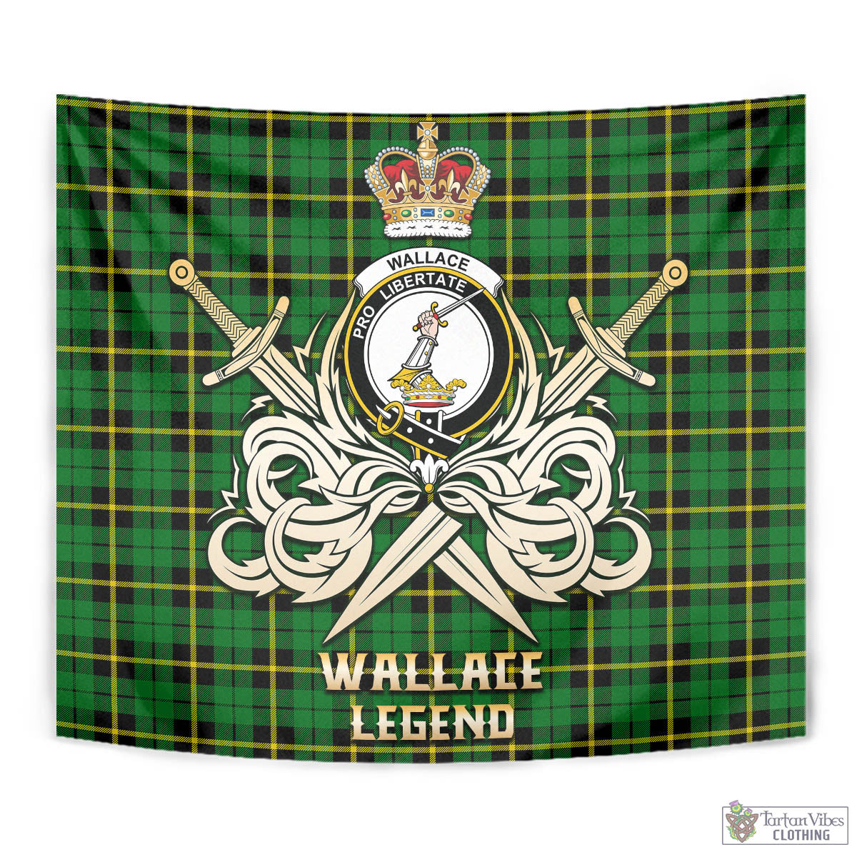 Tartan Vibes Clothing Wallace Hunting Green Tartan Tapestry with Clan Crest and the Golden Sword of Courageous Legacy