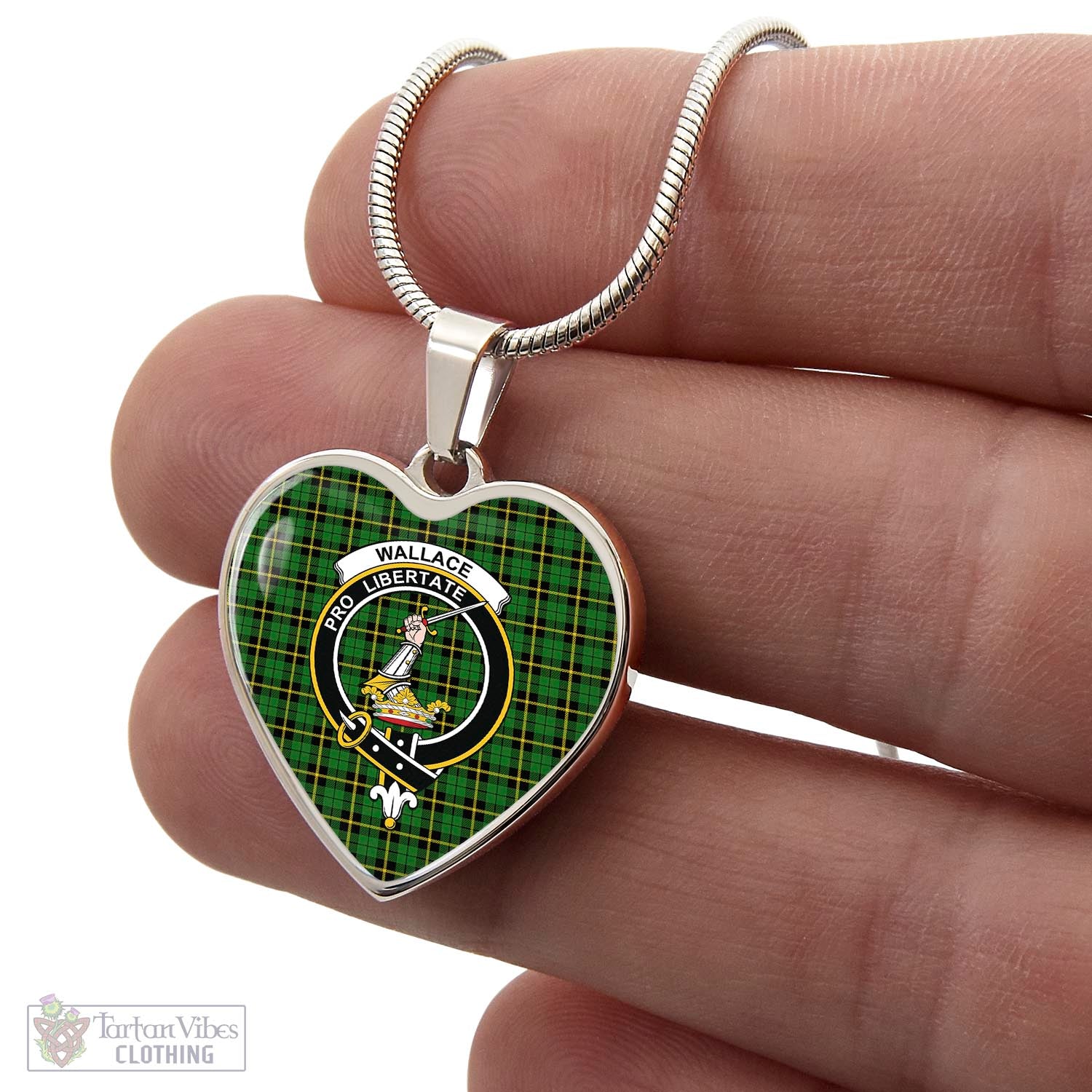 Tartan Vibes Clothing Wallace Hunting Green Tartan Heart Necklace with Family Crest