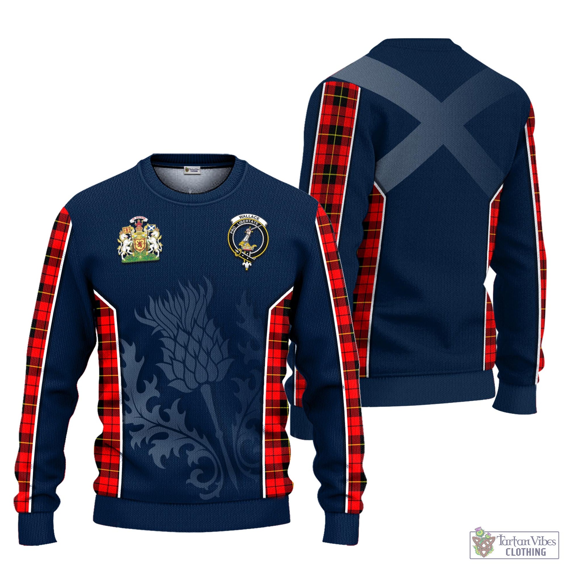 Tartan Vibes Clothing Wallace Hunting Red Tartan Knitted Sweatshirt with Family Crest and Scottish Thistle Vibes Sport Style