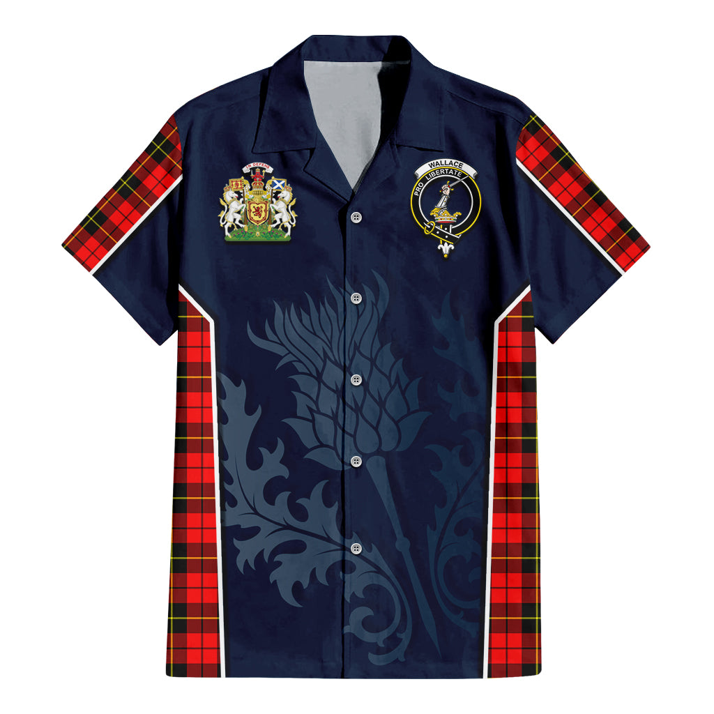 Tartan Vibes Clothing Wallace Hunting Red Tartan Short Sleeve Button Up Shirt with Family Crest and Scottish Thistle Vibes Sport Style