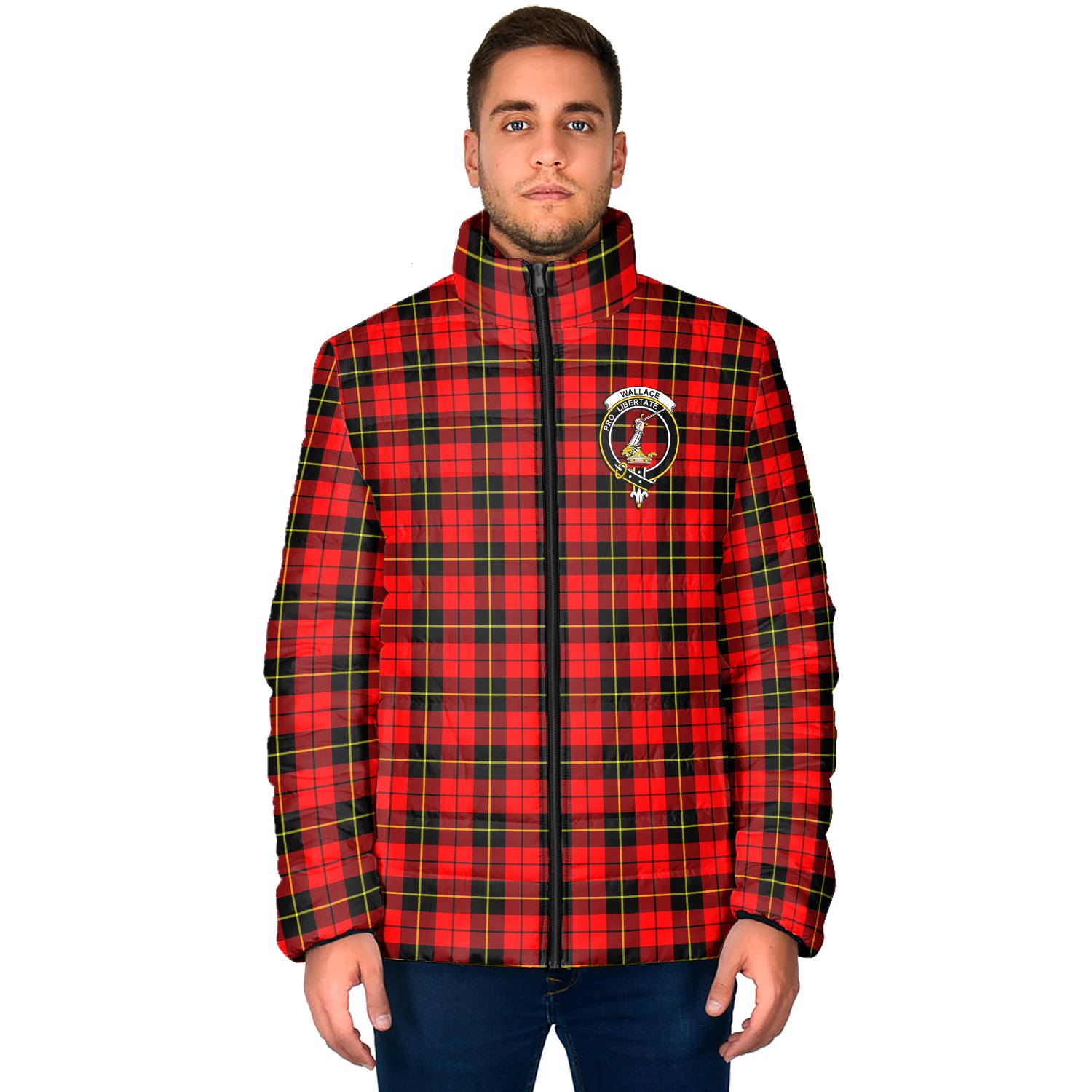 Wallace Hunting Red Tartan Padded Jacket with Family Crest - Tartan Vibes Clothing