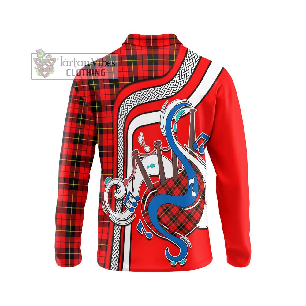 Tartan Vibes Clothing Wallace Hunting Red Tartan Long Sleeve Polo Shirt with Epic Bagpipe Style