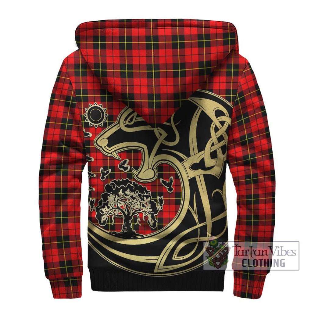 Wallace Hunting Red Tartan Sherpa Hoodie with Family Crest Celtic Wolf Style - Tartan Vibes Clothing