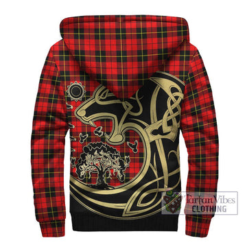 Wallace Hunting Red Tartan Sherpa Hoodie with Family Crest Celtic Wolf Style