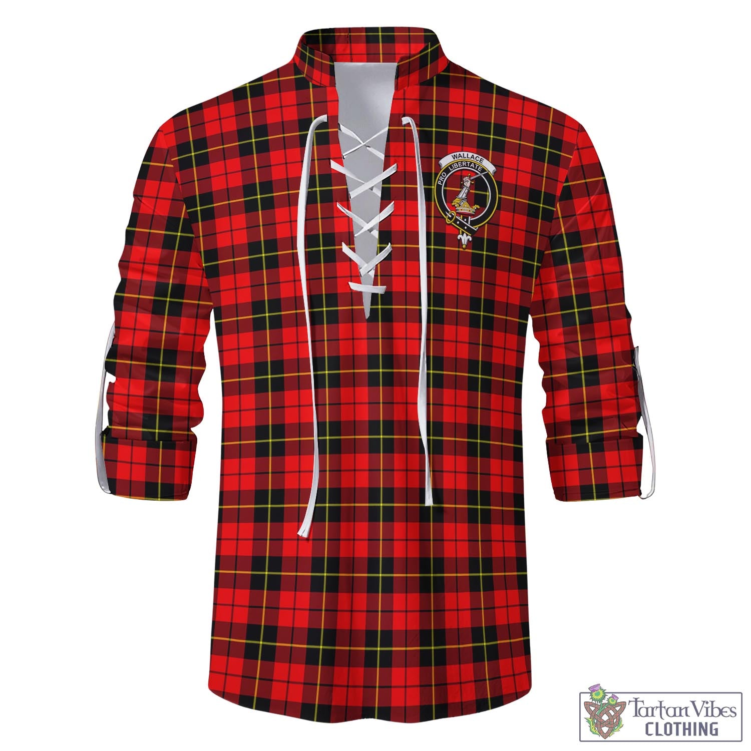 Tartan Vibes Clothing Wallace Hunting Red Tartan Men's Scottish Traditional Jacobite Ghillie Kilt Shirt with Family Crest