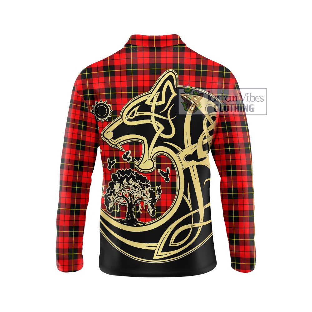 Wallace Hunting Red Tartan Long Sleeve Polo Shirt with Family Crest Celtic Wolf Style - Tartanvibesclothing Shop