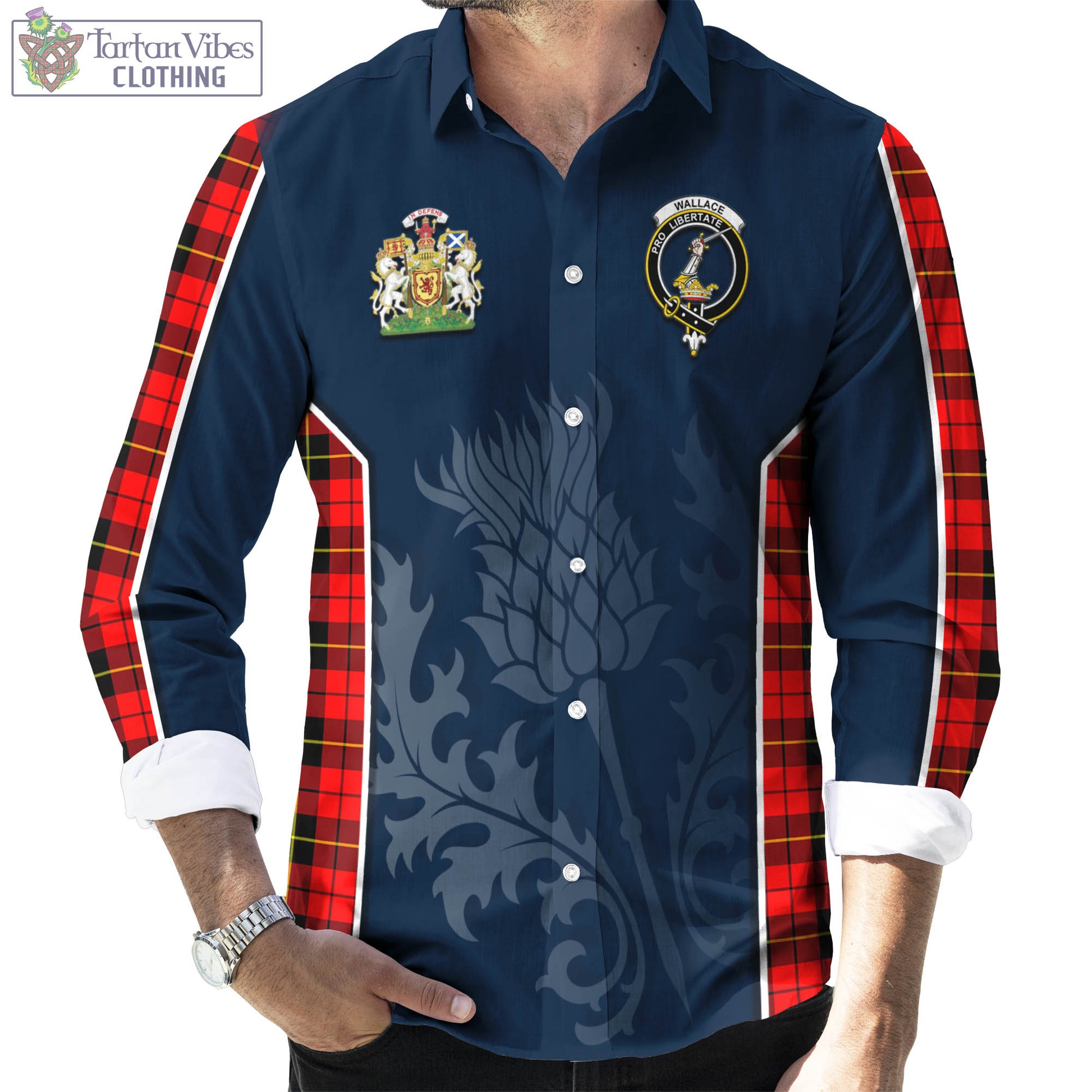 Tartan Vibes Clothing Wallace Hunting Red Tartan Long Sleeve Button Up Shirt with Family Crest and Scottish Thistle Vibes Sport Style