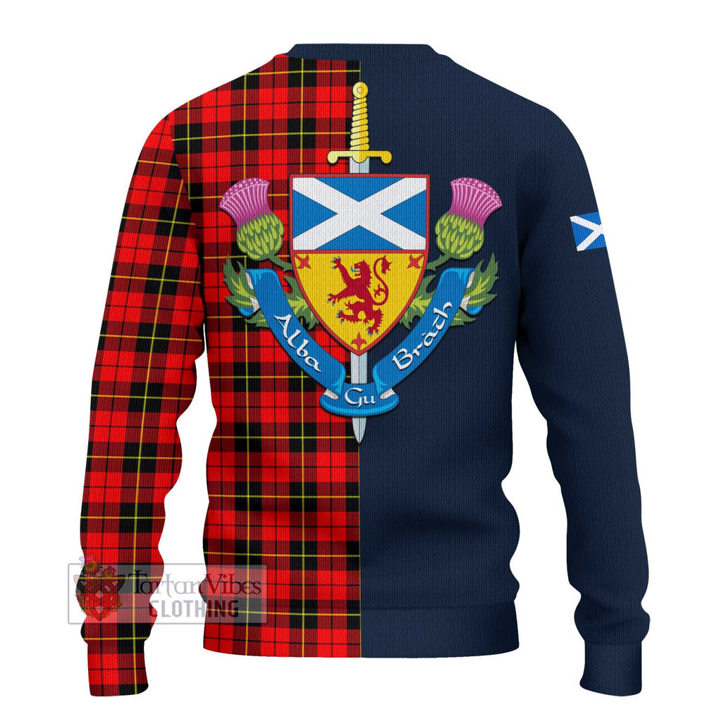 Tartan Vibes Clothing Wallace Hunting Red Tartan Knitted Sweater with Scottish Lion Royal Arm Half Style