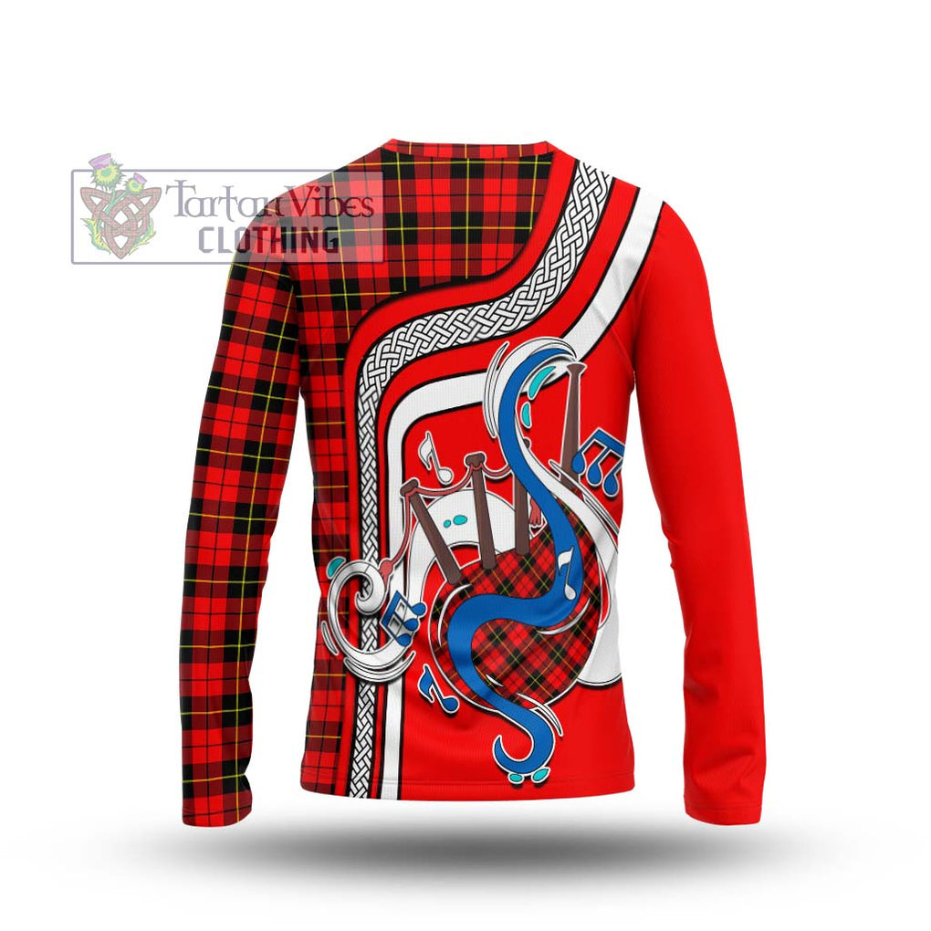 Tartan Vibes Clothing Wallace Hunting Red Tartan Long Sleeve T-Shirt with Epic Bagpipe Style