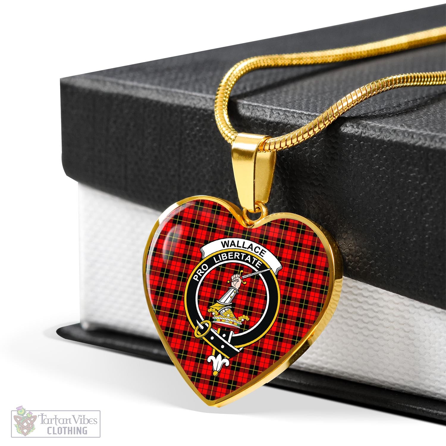 Tartan Vibes Clothing Wallace Hunting Red Tartan Heart Necklace with Family Crest