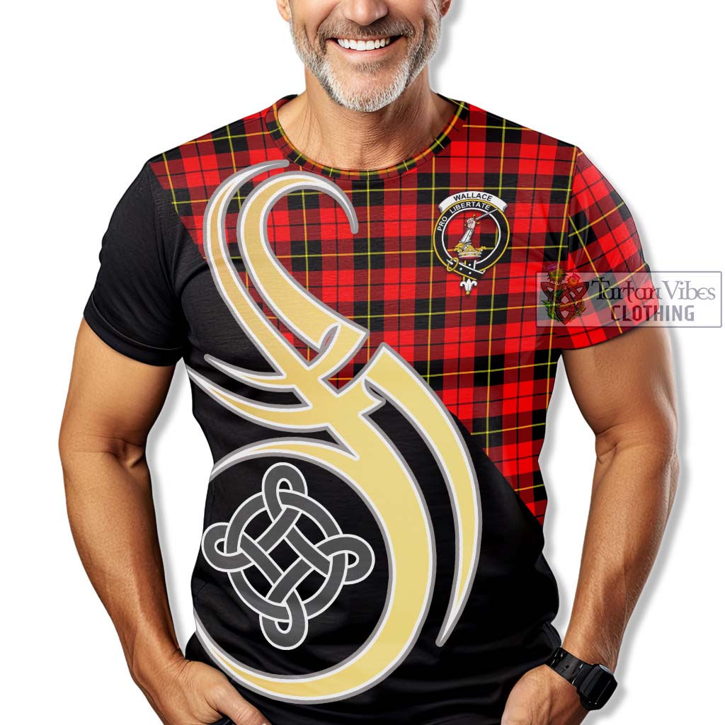 Tartan Vibes Clothing Wallace Hunting Red Tartan T-Shirt with Family Crest and Celtic Symbol Style