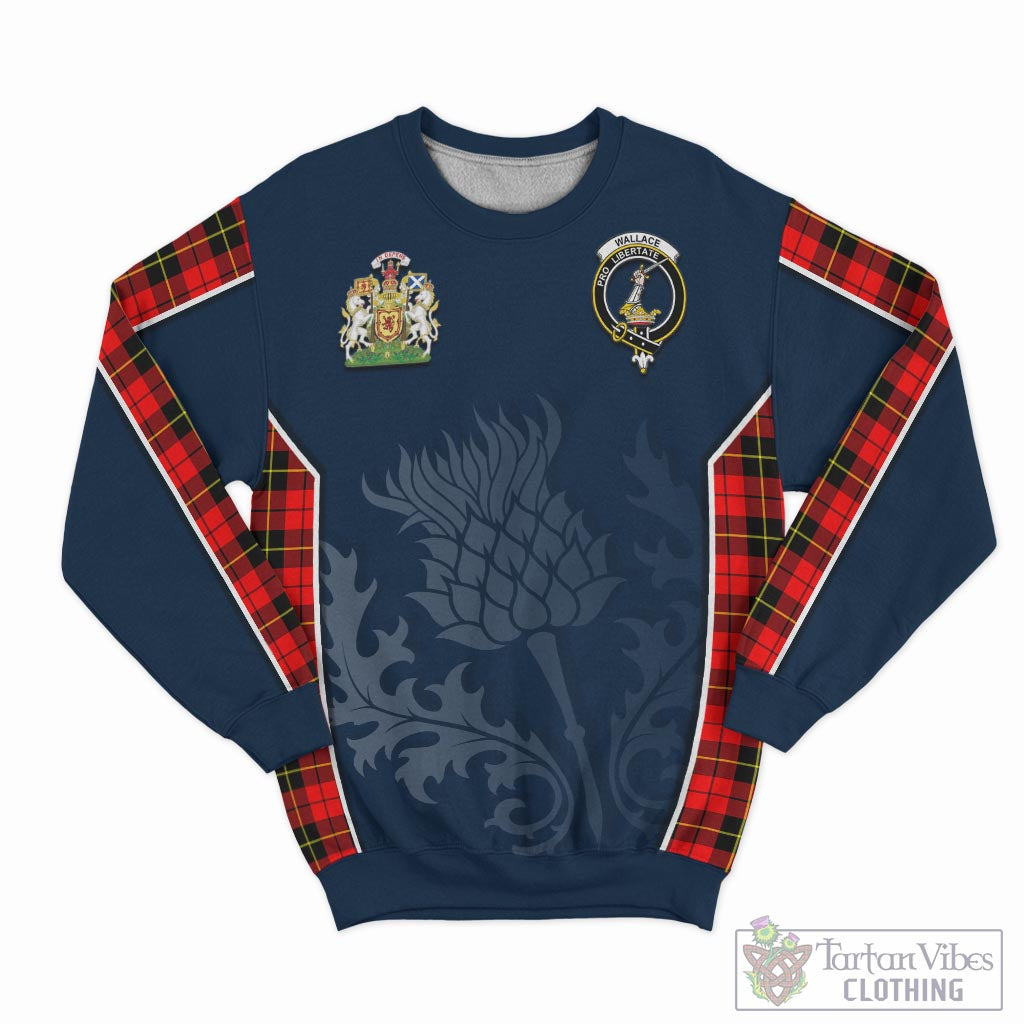 Tartan Vibes Clothing Wallace Hunting Red Tartan Sweatshirt with Family Crest and Scottish Thistle Vibes Sport Style