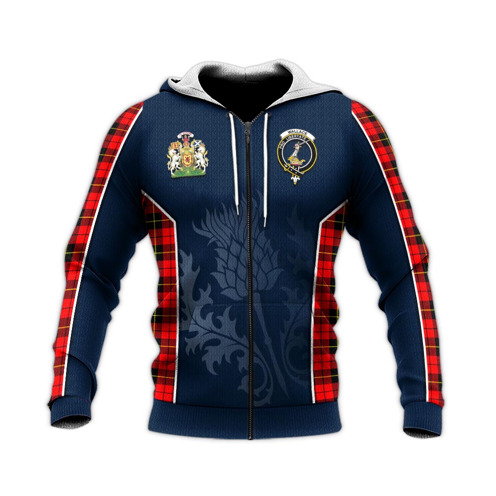 Tartan Vibes Clothing Wallace Hunting Red Tartan Knitted Hoodie with Family Crest and Scottish Thistle Vibes Sport Style