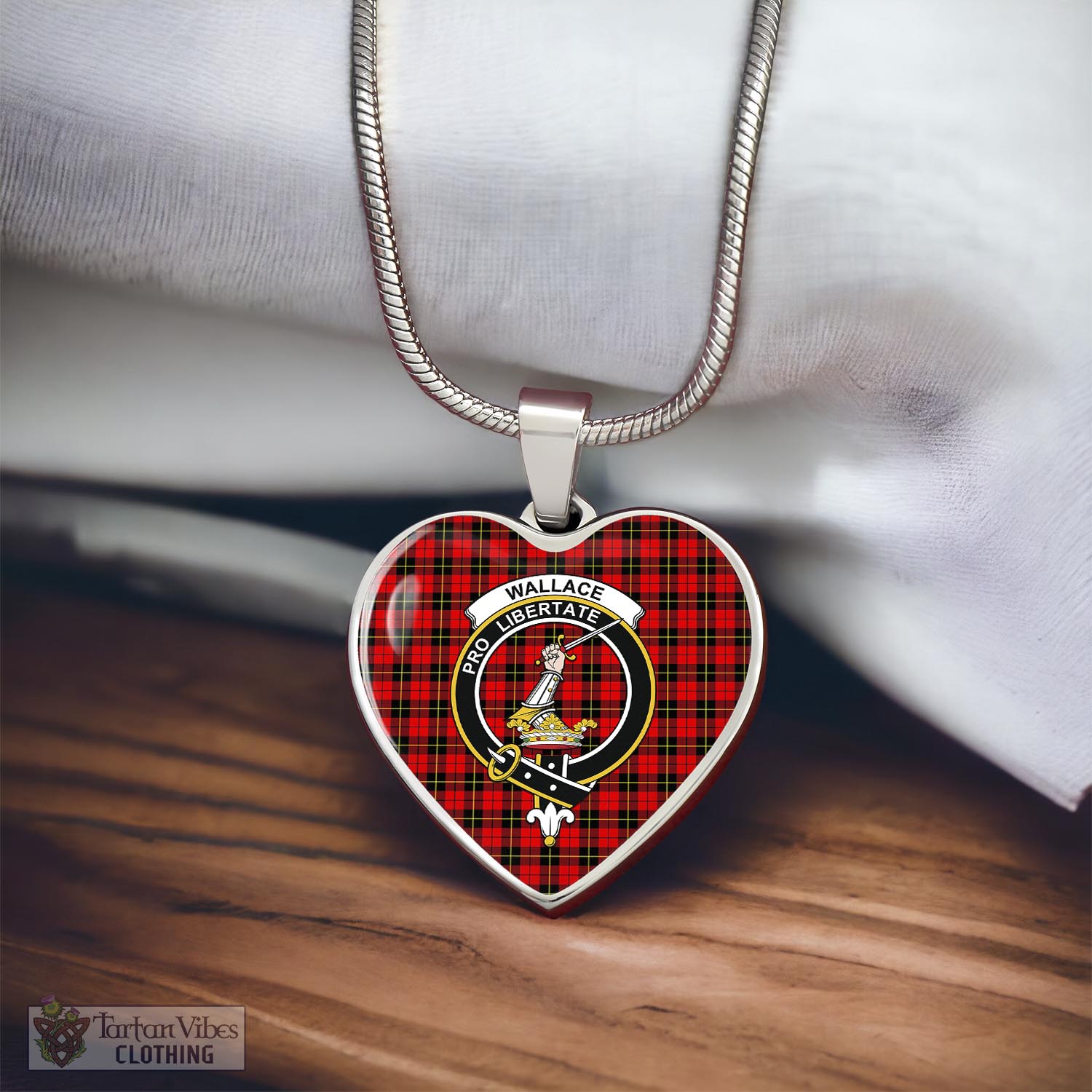 Tartan Vibes Clothing Wallace Hunting Red Tartan Heart Necklace with Family Crest