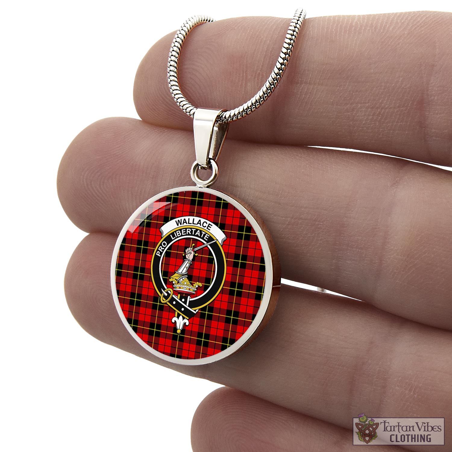 Tartan Vibes Clothing Wallace Hunting Red Tartan Circle Necklace with Family Crest