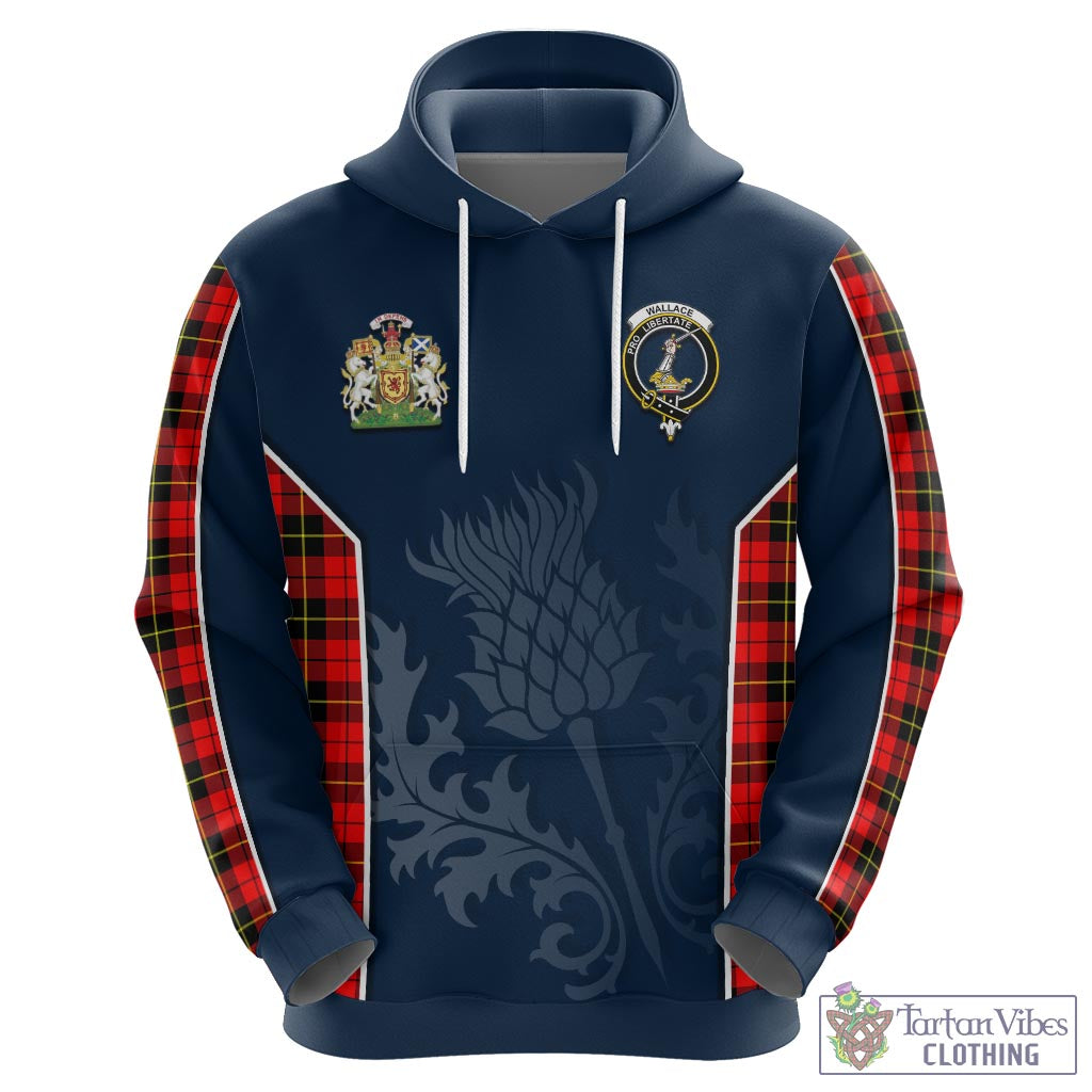 Tartan Vibes Clothing Wallace Hunting Red Tartan Hoodie with Family Crest and Scottish Thistle Vibes Sport Style